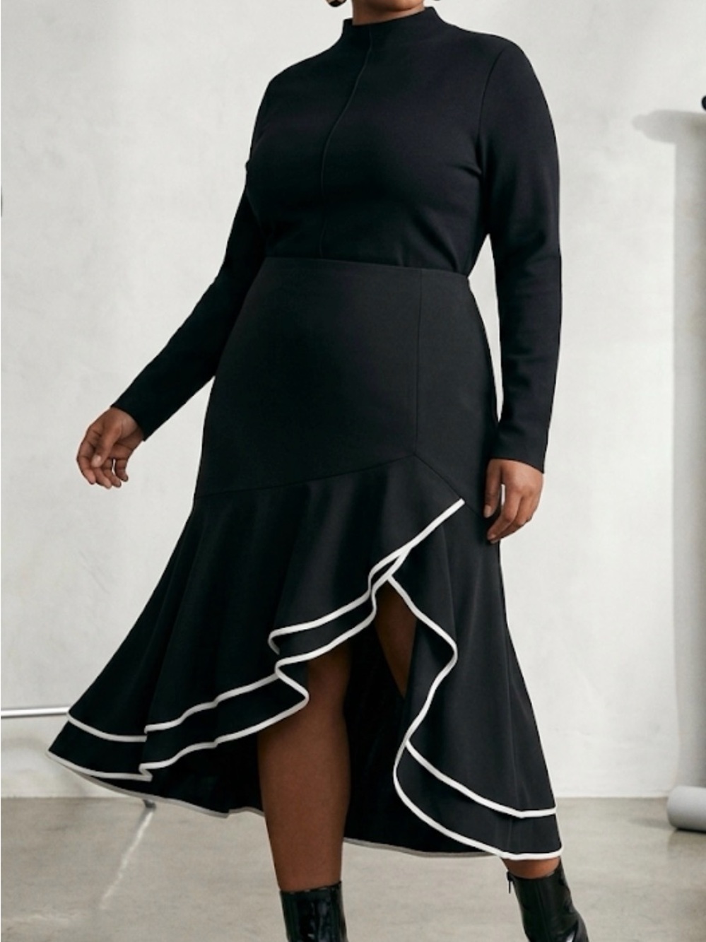 C. Wonder by Christian Siriano Black White Ruffle High Low Midi Skirt